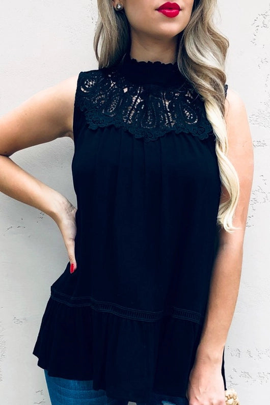 Women's Lace Trimmed Sleeveless Tunic Top in Black