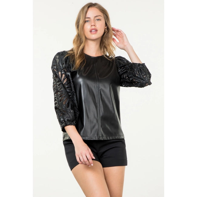 Women's L/S Pleather Eyelet Sleeve Top in Black