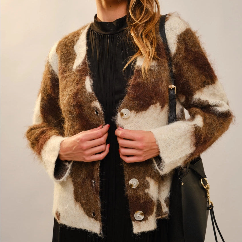 Women's Brushed Cow Print Cardigan