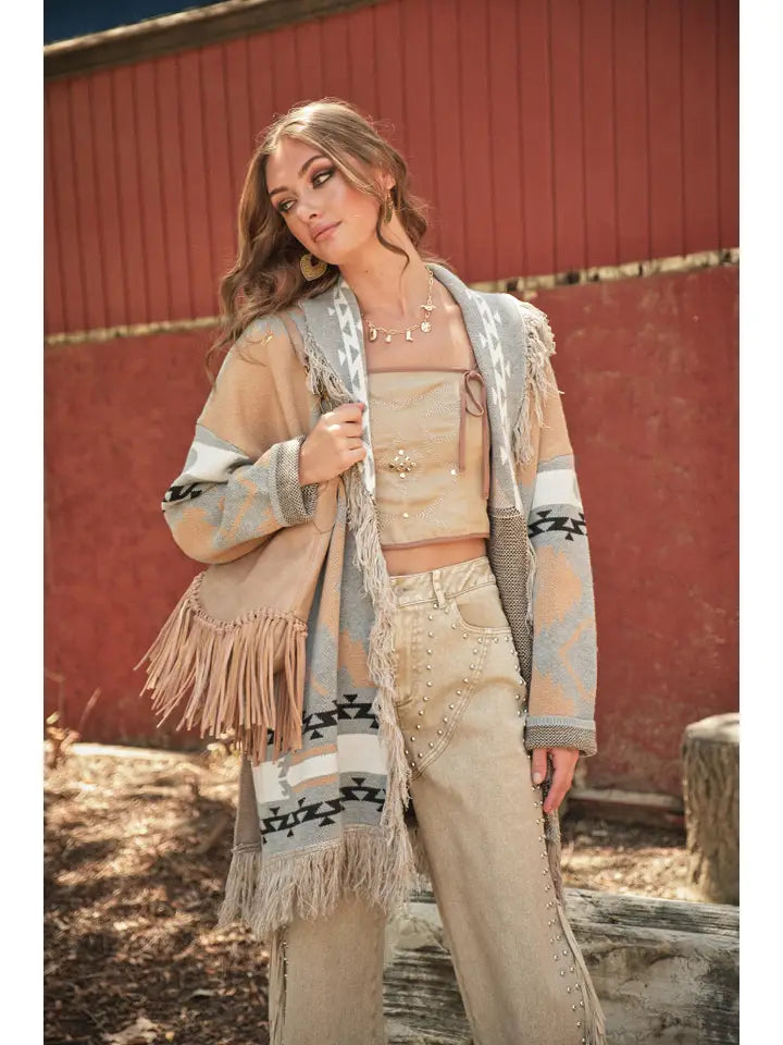 Women's Western Pattern Fringe Detail Belted Cardigan in Taupe