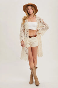 Women's Crochet Open Front Long Cardigan in Natural