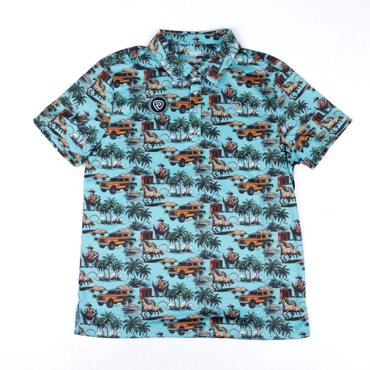 Rock & Roll Denim Men's S/S Dale Brisby Collection Novelty Printed Polo in Bright Turquoise
