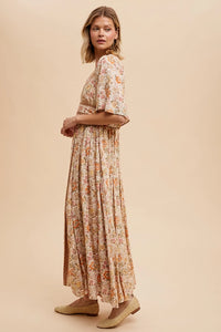 Women's Flutter Sleeve Border Floral Maxi Dress in Vintage Cream