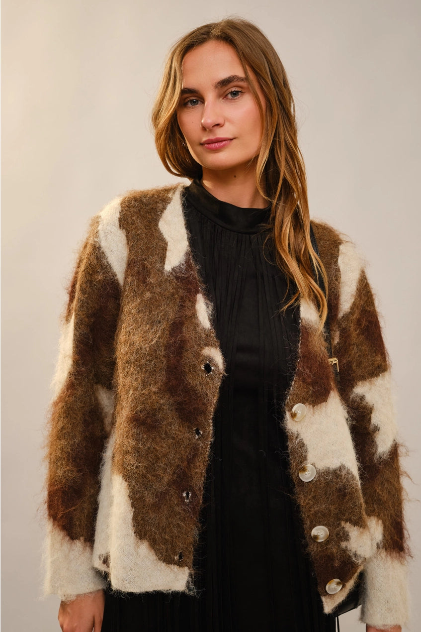 Women's Brushed Cow Print Cardigan