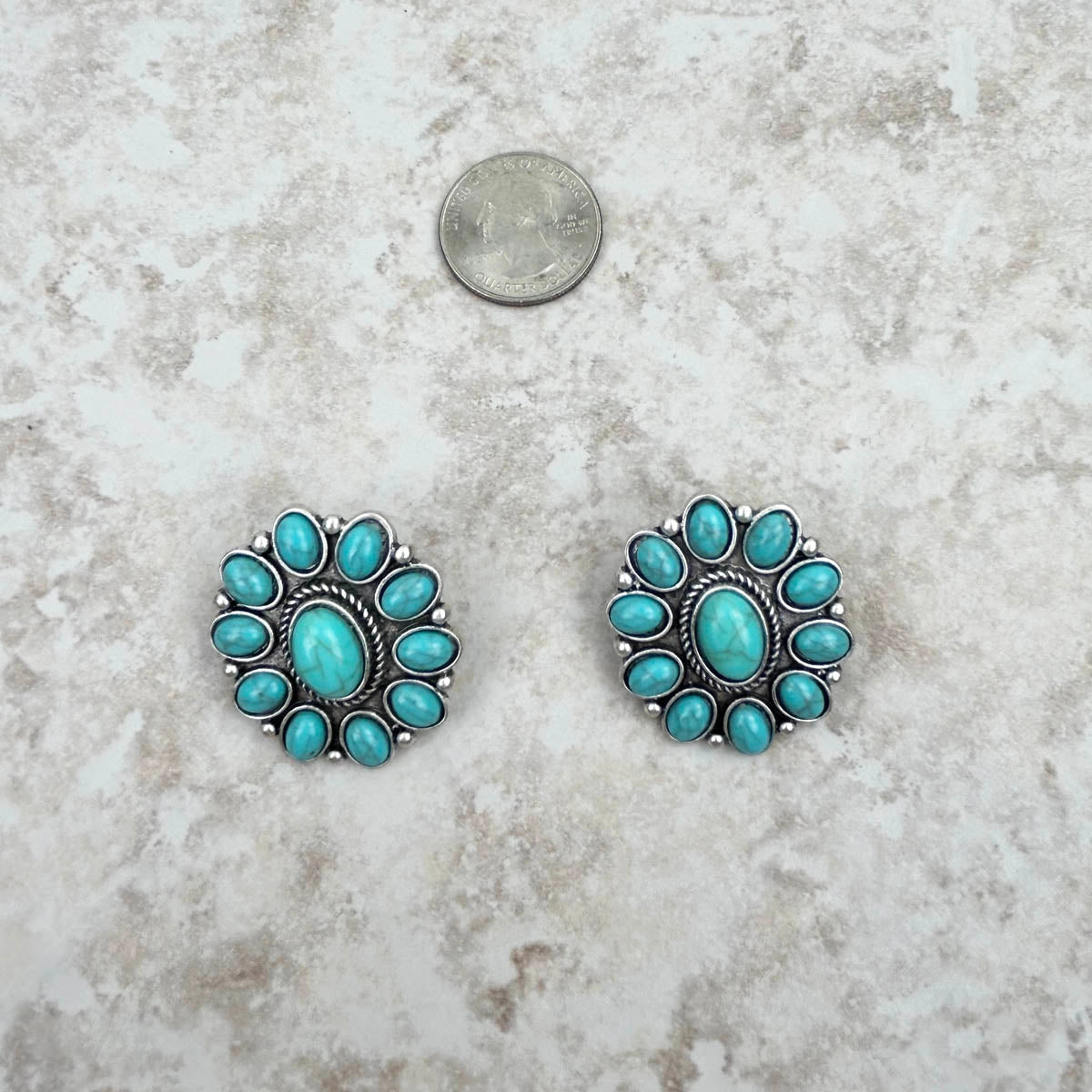 Antique Silver & Turquoise Floral Concho Post Earrings