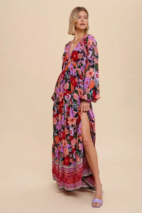 Women's Tiered Long Sleeve Black Floral Maxi Dress