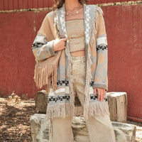 Women's Western Pattern Fringe Detail Belted Cardigan in Taupe