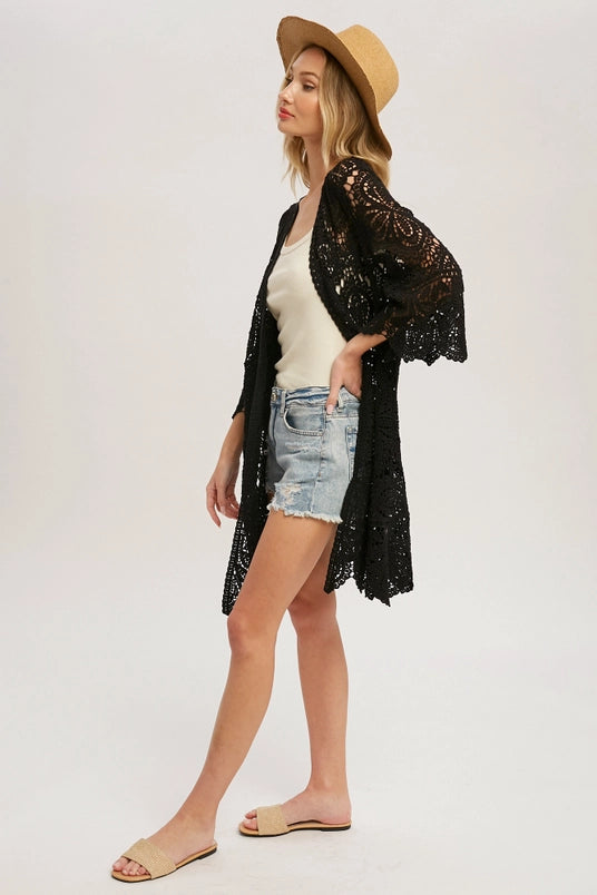 Women's Long Crochet Lace Cardigan in Black