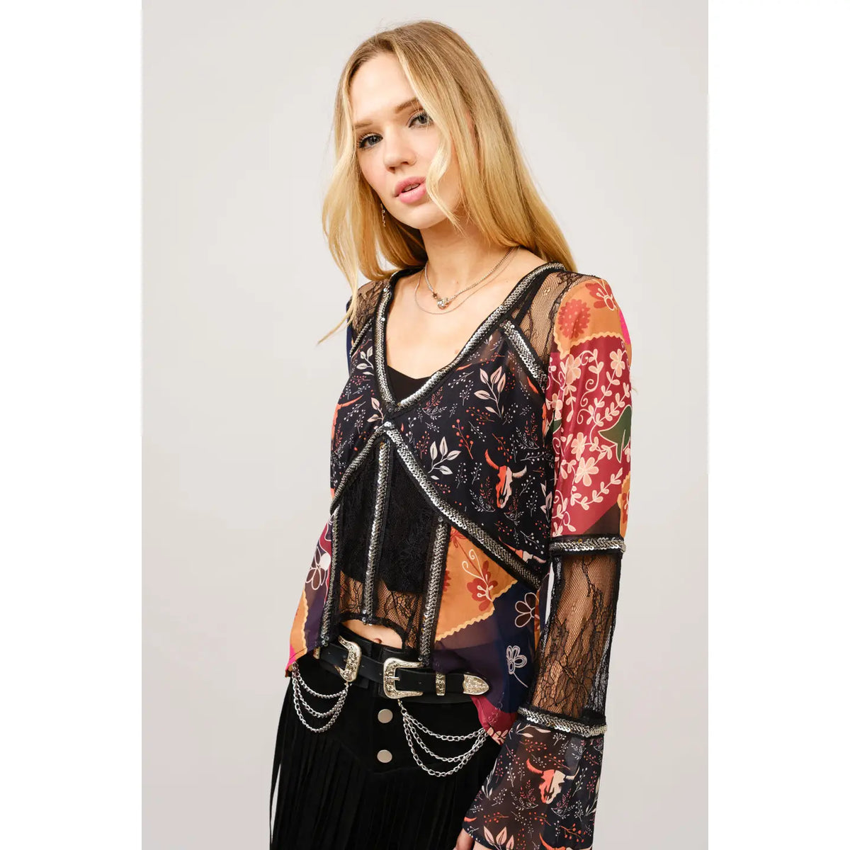 Women's Lace Inset Western Patchwork Chiffon Blouse