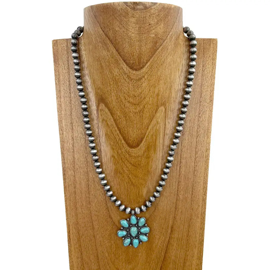 22" Navajo Inspired Pearl Necklace with Turquoise Stone Concho Pendant