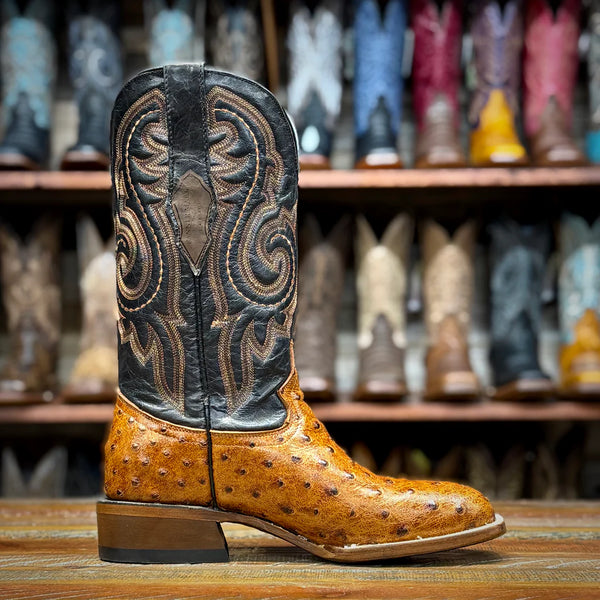 Tanner Mark Men's Rustic Embossed Ostrich Print Western Boot in Cognac