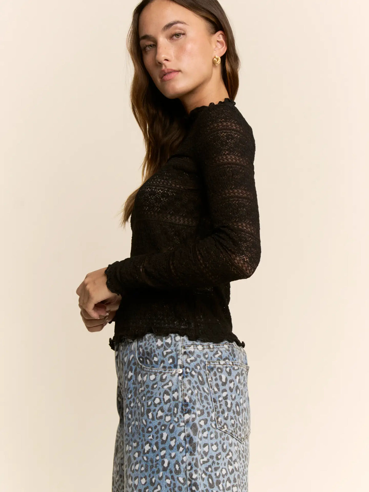 Women's L/S Striped Lace Mesh Top in Black (Available in Regular and Plus Sizes)