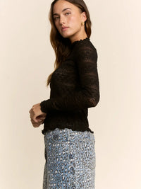 Women's L/S Striped Lace Mesh Top in Black (Available in Regular and Plus Sizes)