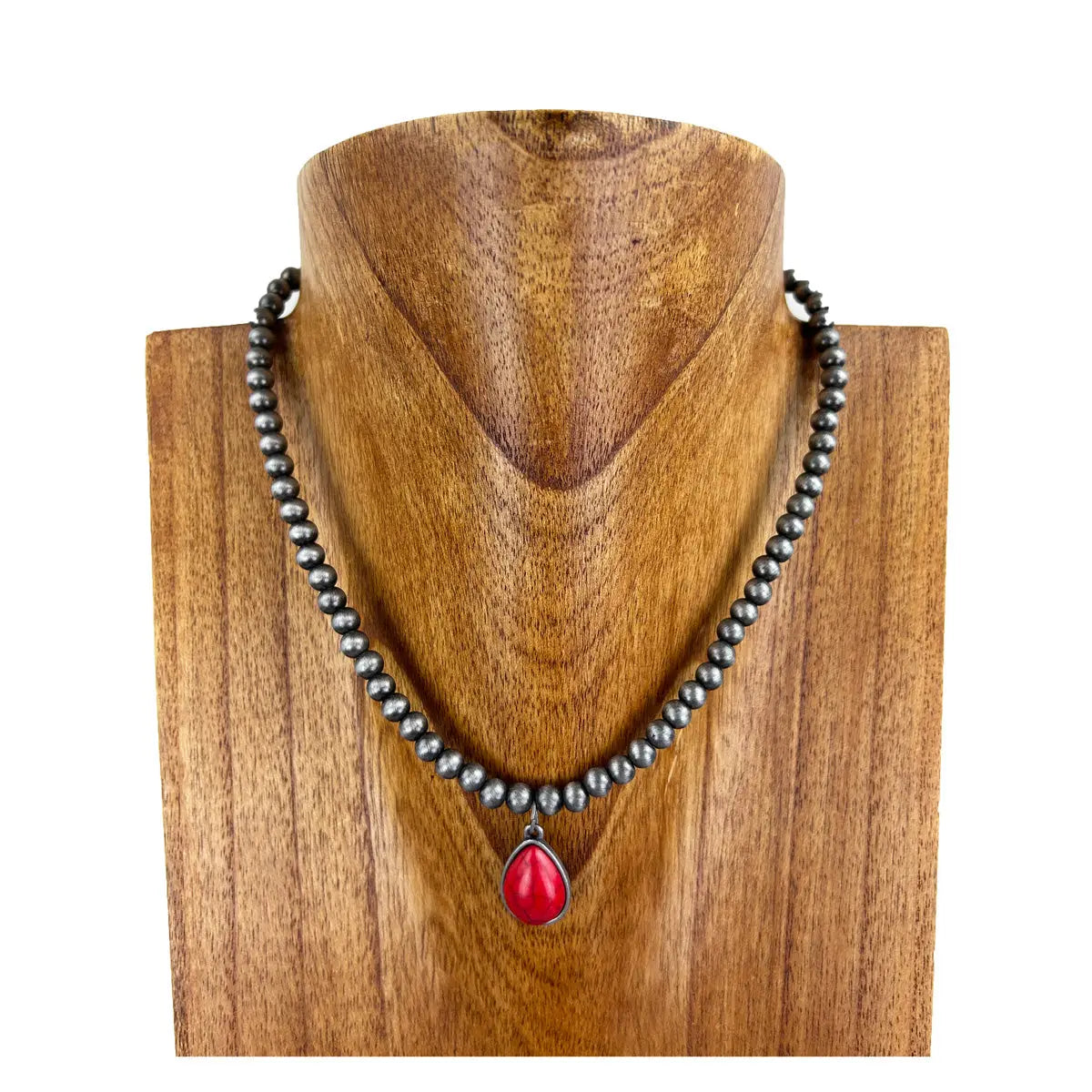 17" Navajo Inspired Pearl Necklace with Dainty Red Tear Drop Pendant