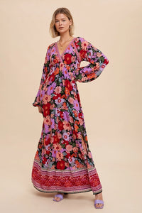 Women's Tiered Long Sleeve Black Floral Maxi Dress
