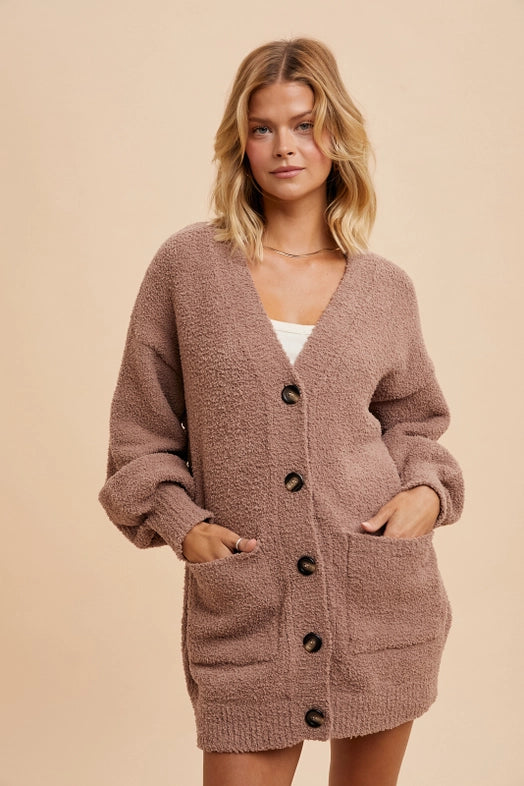 Women's Button Front Chenille Cardigan in Taupe