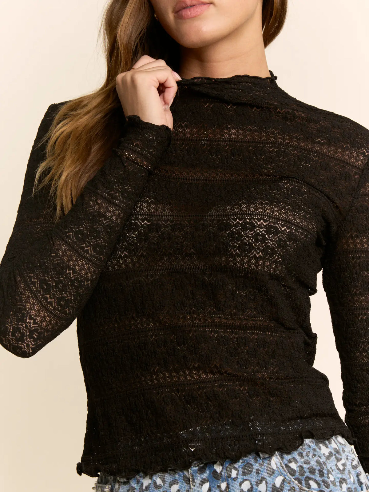 Women's L/S Striped Lace Mesh Top in Black (Available in Regular and Plus Sizes)