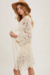 Women's Crochet Open Front Long Cardigan in Natural