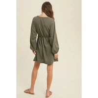 Women's L/S Casual Drawstring Waisted Mini Dress in Olive Green