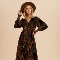 Women's Burnout Button Down Velvet Floral Maxi Dress in Red Rose Floral