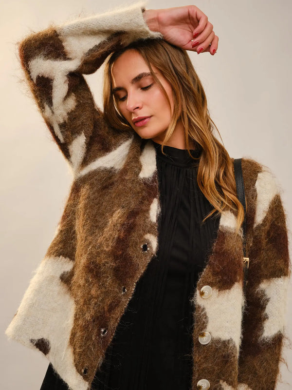 Women's Brushed Cow Print Cardigan