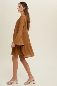 Women's Solid Long Bell Sleeve Tiered Mini Dress in Golden Brown