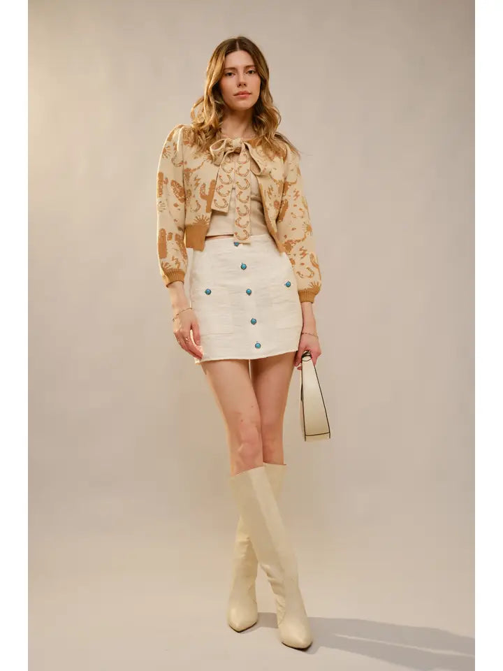 Women's Western Motif Tie Front Cardigan in Taupe