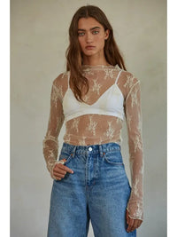 Women's L/S Sheer Floral Lace Mock Neck Mesh Top (Available in 4 Colors)