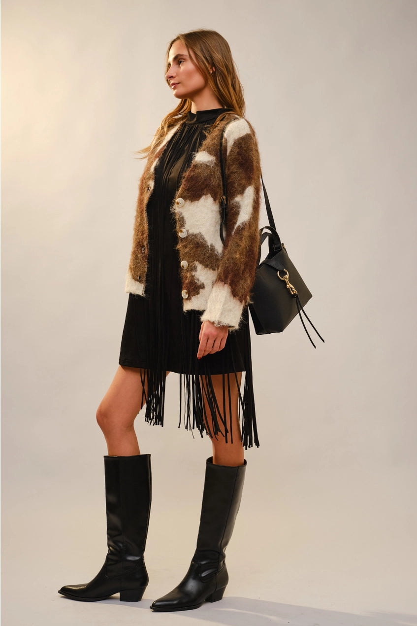 Women's Brushed Cow Print Cardigan