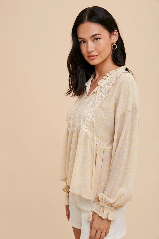 Women's L/S Tie Neck Floral Lace Blouse in Cream