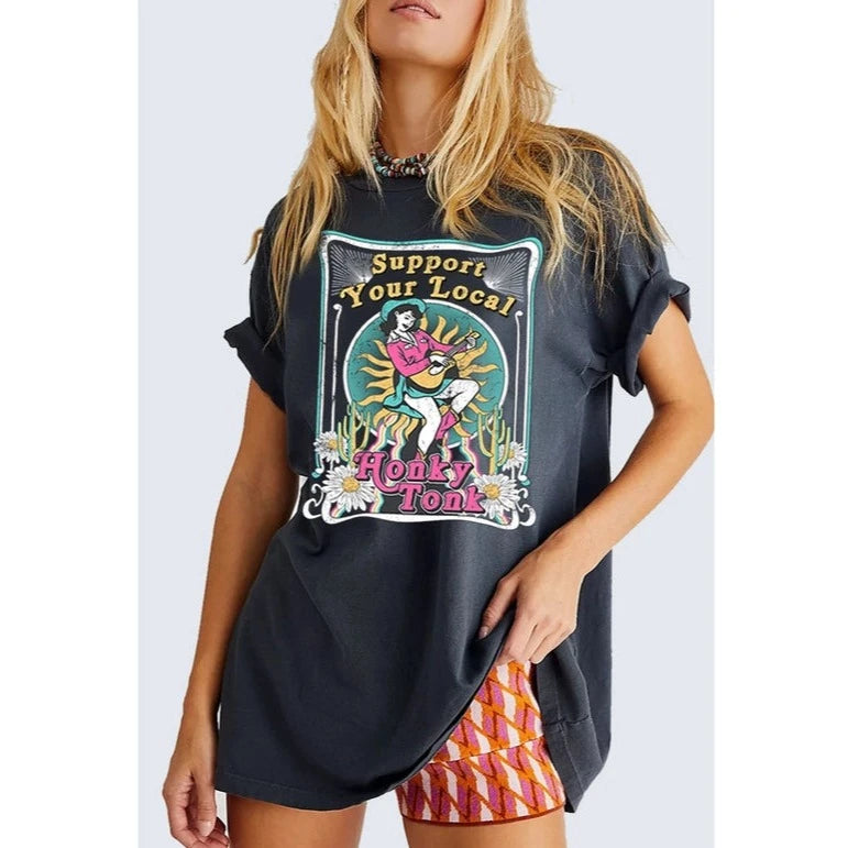 Women's "Honky Tonk" Oversized Graphic Tee in Mineral Black