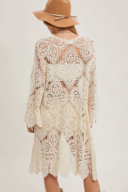 Women's Crochet Open Front Long Cardigan in Natural