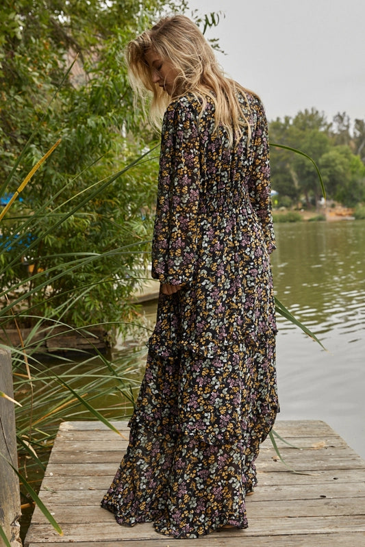 Women's Chiffon Floral Long Sleeve Maxi Dress in Black