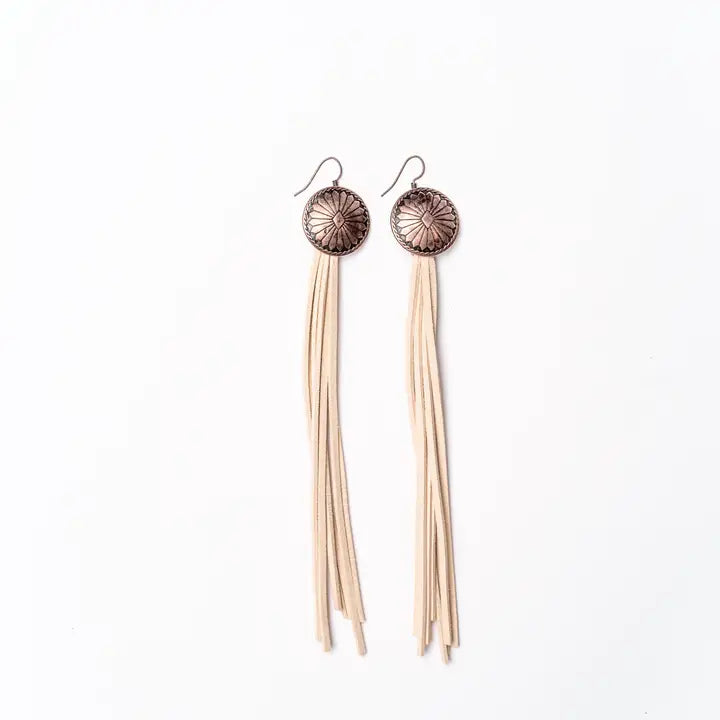 West & Co. Burnished Copper Concho & Ivory Leather Tassel Dangle Earrings