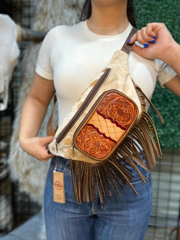 Tooled Cowhide Fringe Leather Sling Bag in Brown