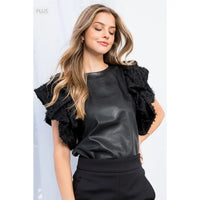 Women's S/S Pleather Flutter Sleeve Top in Black