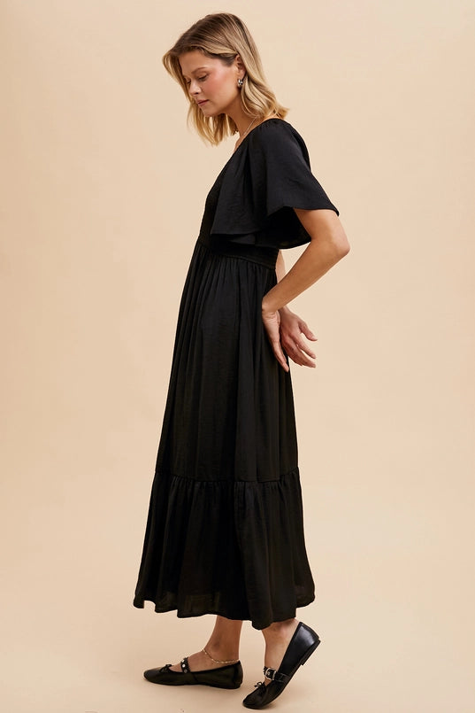 Women's Smocked Satin Midi Dress in Black