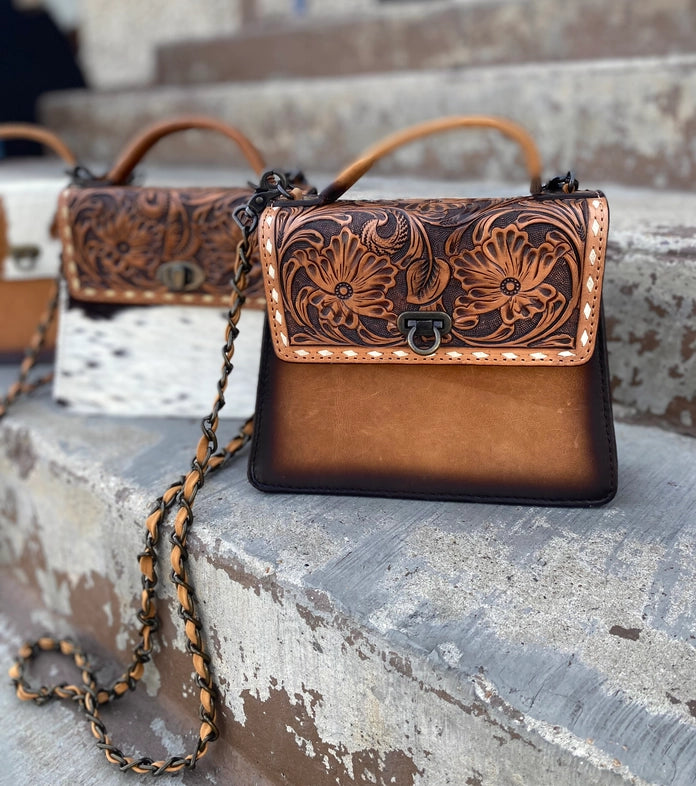 Burned Leather & Floral Tooled Crossbody Bag