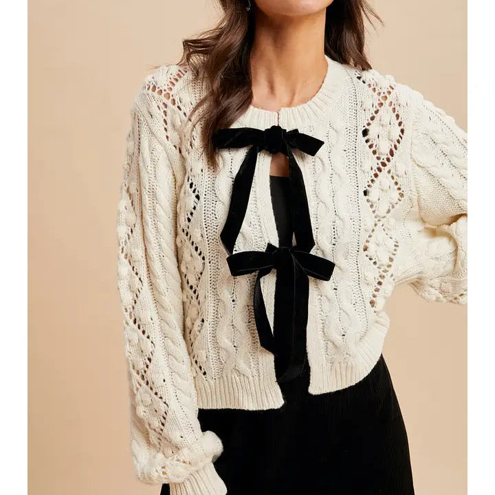 Women's Cable Knit Ribbon Tie Cardigan in Cream