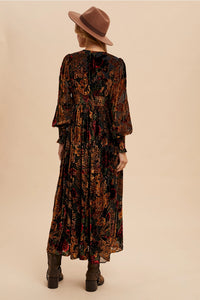 Women's Burnout Button Down Velvet Floral Maxi Dress in Red Rose Floral