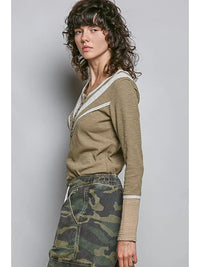 Women's Long Sleeve V-Neck Mixed Media Top in Olive