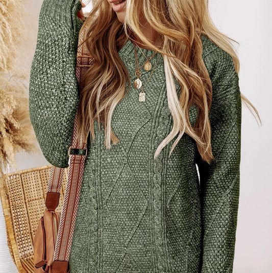 Women's Cable Knit Drop Shoulder Sweater Dress in Mist Green