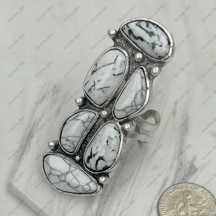 White Stone Rectangle Cluster Statement Ring