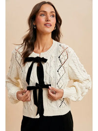Women's Cable Knit Ribbon Tie Cardigan in Cream