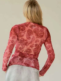Women's L/S Sheer Paisley Mesh Top in Wine (Available in Plus Sizes)