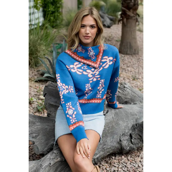 Women's L/S Scarf Neck Print Sweater in Blue