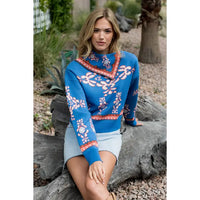 Women's L/S Scarf Neck Print Sweater in Blue