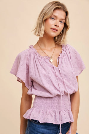 Women's Smocked Floral Eyelet Blouse in Lavender