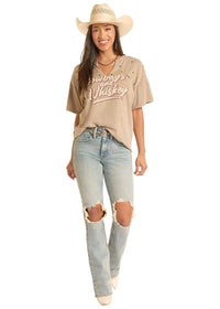 Women's Rock & Roll Denim V-Neck Graphic Tee in Olive