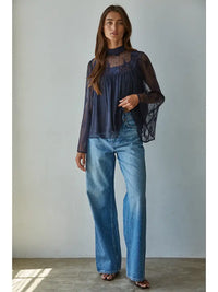 Women's L/S Woven Lace Mock Neck Bell Sleeve Top in Navy